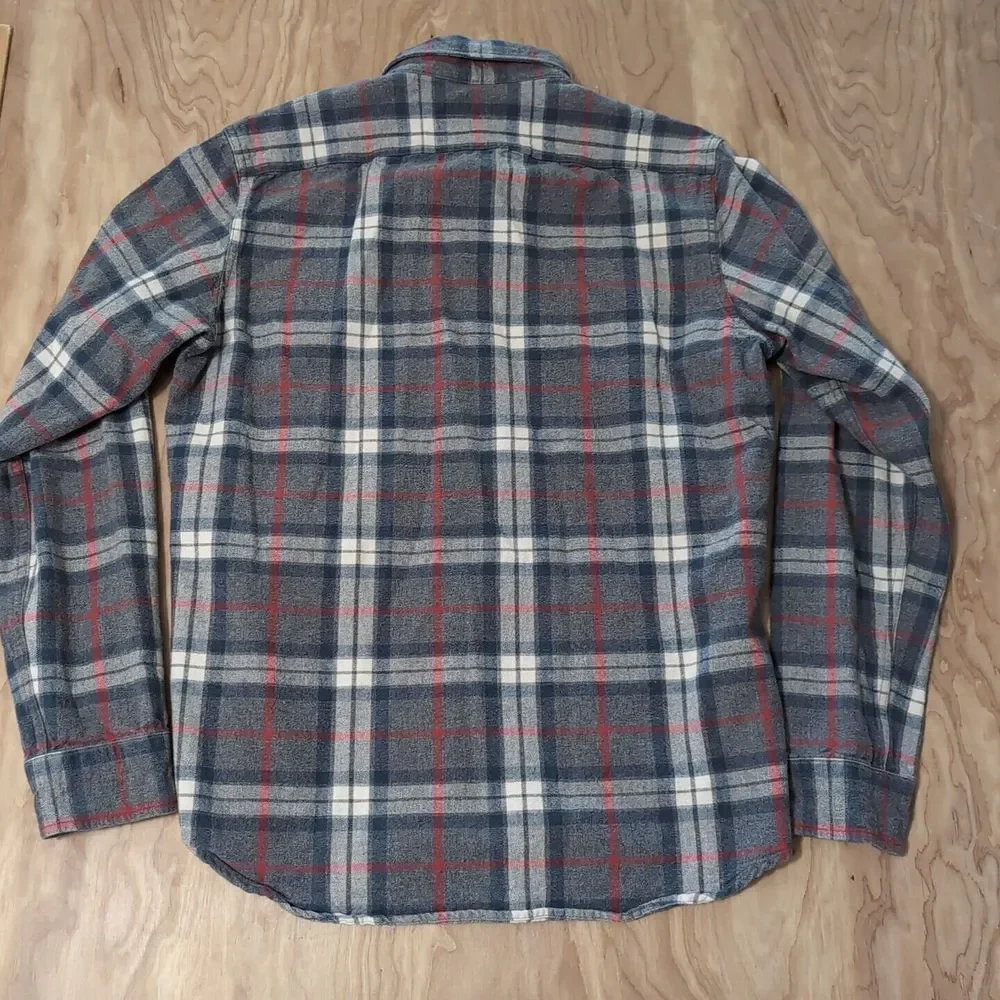 J. CREW Mercantile Flex Men's Med Navy Blue‎ & Red Gray Plaid Shirt Elbow Pads